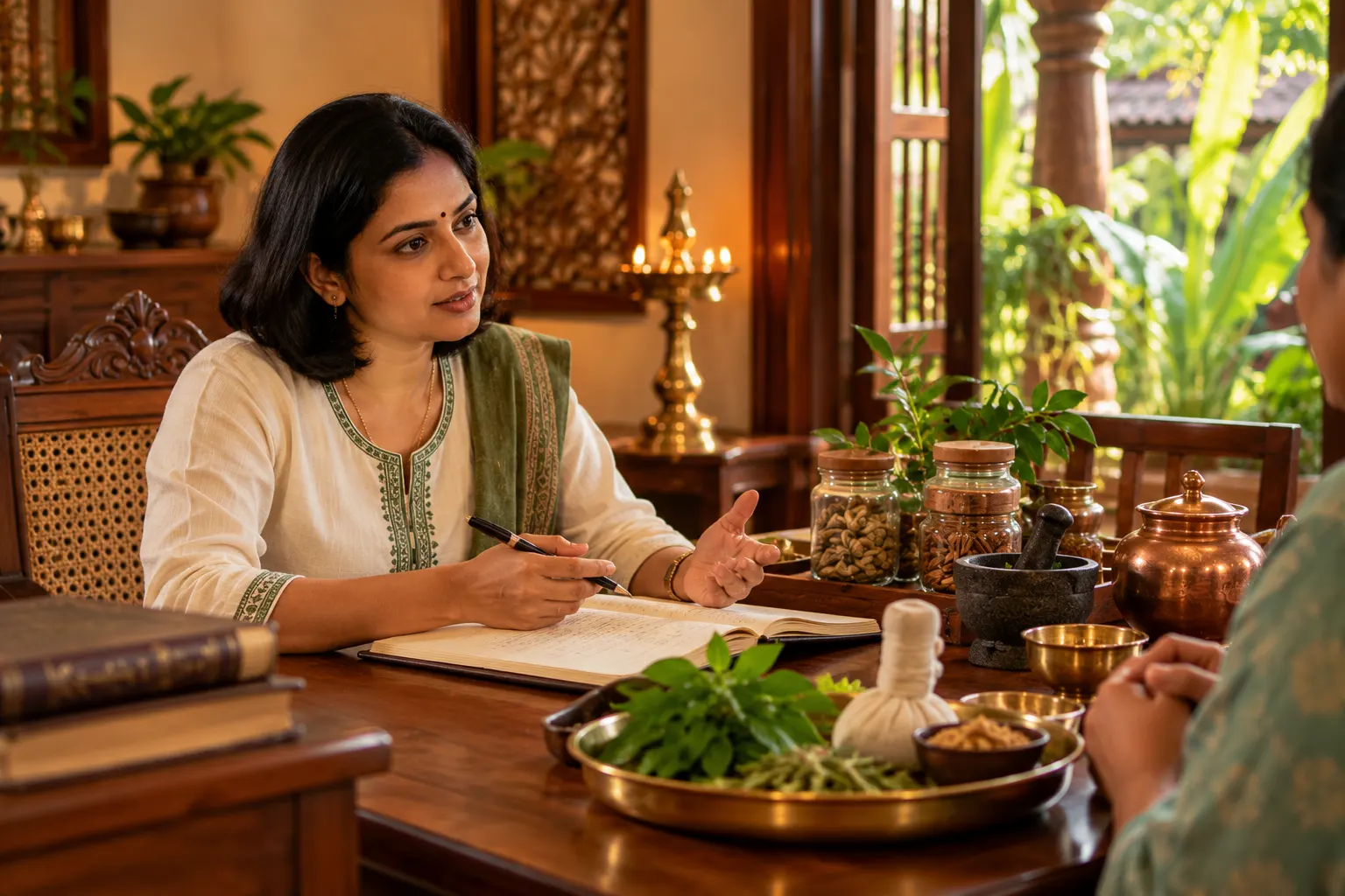 Traditional Ayurveda consultation and herbal materials