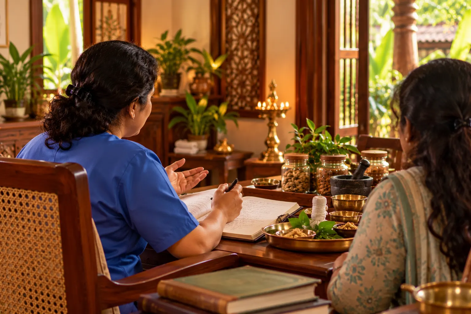 A calm Ayurvedic consultation space with herbs, books and traditional vessels