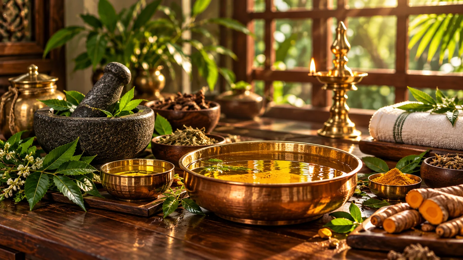 Traditional herbal oils, leaves and brass vessels in warm natural light