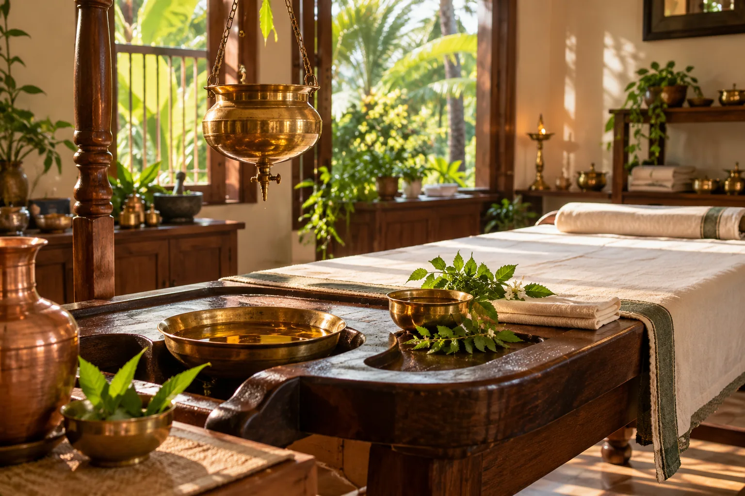 Traditional Ayurvedic treatment room with brass oil vessels, linens and greenery